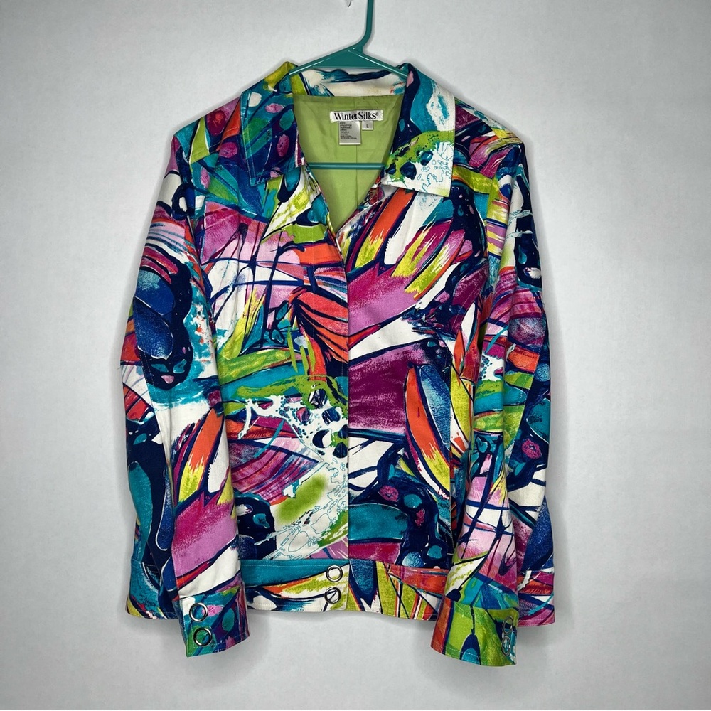 Vintage Winter Silks 100% Silk Lining Colorful Watercolor‎ Jacket Grandma Core